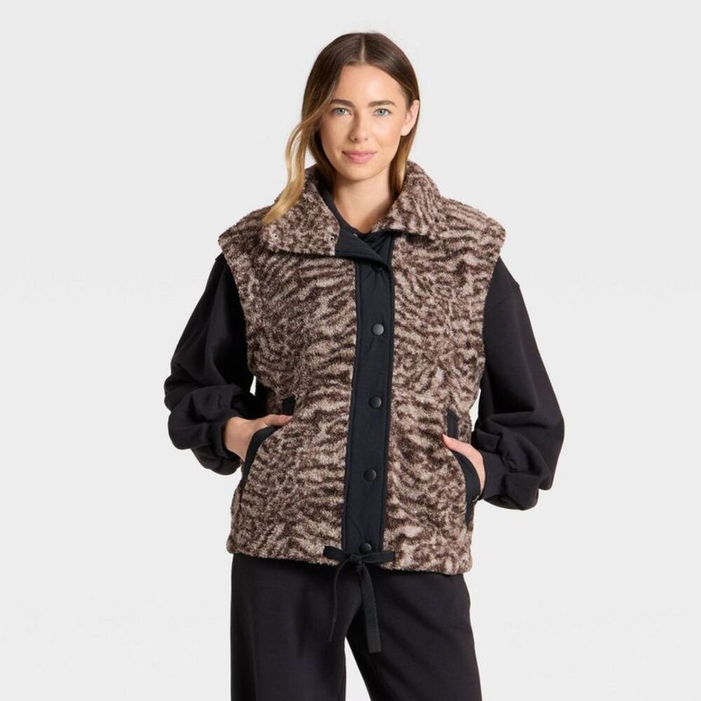 Open Box - JoyLab - Women's High Pile Vest - JoyLab Animal Print M Brown